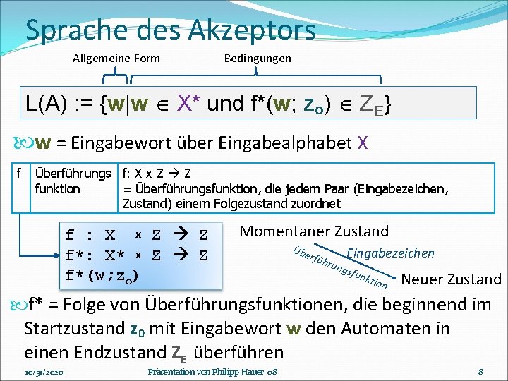 Sprache des Akzeptors Allgemeine Form Bedingungen L(A) : = {w|w X* und f*(w; zo)