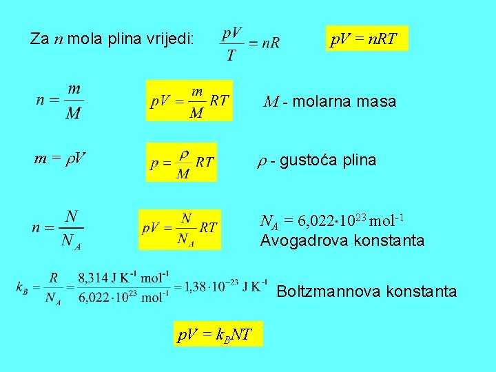 Za n mola plina vrijedi: p. V = n. RT M - molarna masa