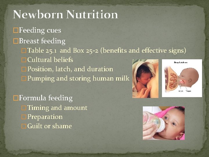 Newborn Nutrition �Feeding cues �Breast feeding � Table 25. 1 and Box 25 -2