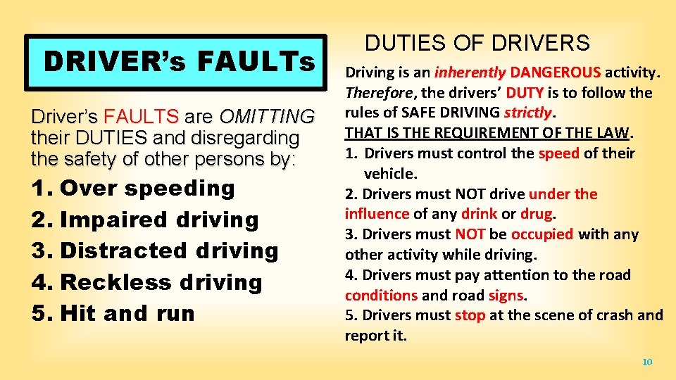 DRIVER’s FAULTs Driver’s FAULTS are OMITTING their DUTIES and disregarding the safety of other