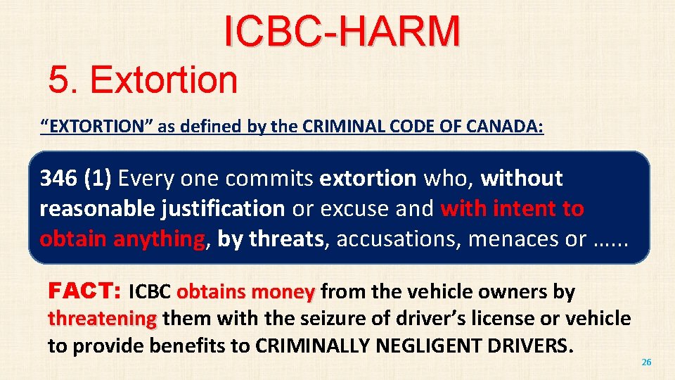 ICBC-HARM 5. Extortion “EXTORTION” as defined by the CRIMINAL CODE OF CANADA: 346 (1)