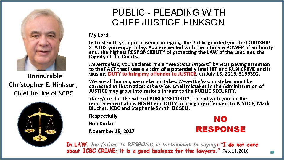 PUBLIC - PLEADING WITH CHIEF JUSTICE HINKSON Honourable Christopher E. Hinkson, Chief Justice of