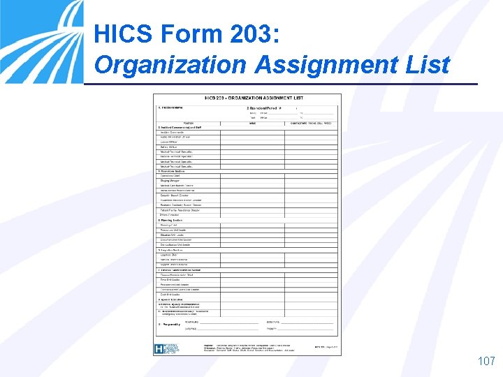 HICS Form 203: Organization Assignment List 107 