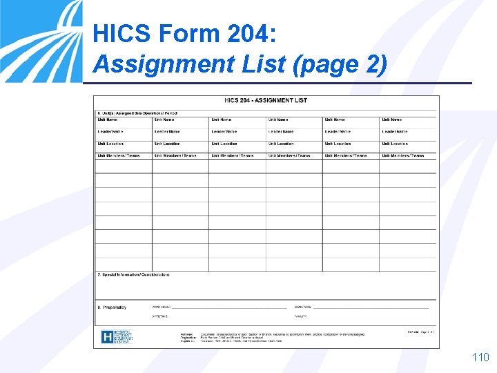 HICS Form 204: Assignment List (page 2) 110 