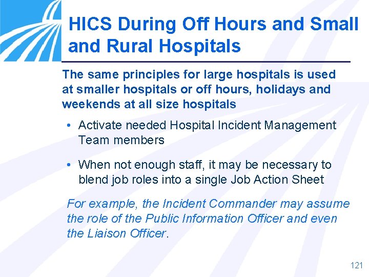 HICS During Off Hours and Small and Rural Hospitals The same principles for large