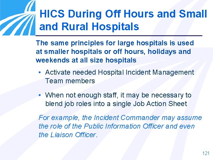 HICS During Off Hours and Small and Rural Hospitals The same principles for large HICS During Off Hours and Small and Rural Hospitals The same principles for large
