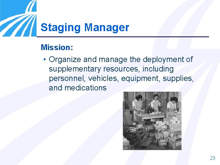 Staging Manager Mission: • Organize and manage the deployment of supplementary resources, including personnel,