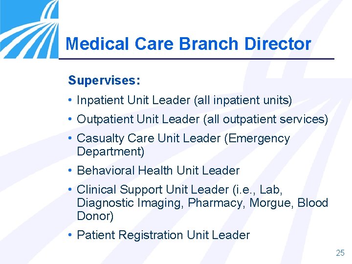 Medical Care Branch Director Supervises: • Inpatient Unit Leader (all inpatient units) • Outpatient