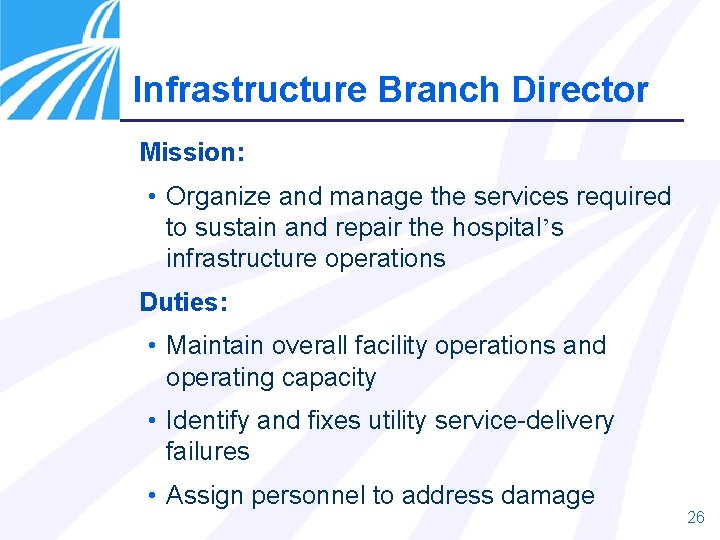 Infrastructure Branch Director Mission: • Organize and manage the services required to sustain and