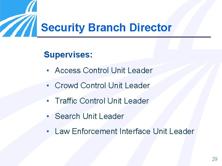 Security Branch Director Supervises: • Access Control Unit Leader • Crowd Control Unit Leader Security Branch Director Supervises: • Access Control Unit Leader • Crowd Control Unit Leader