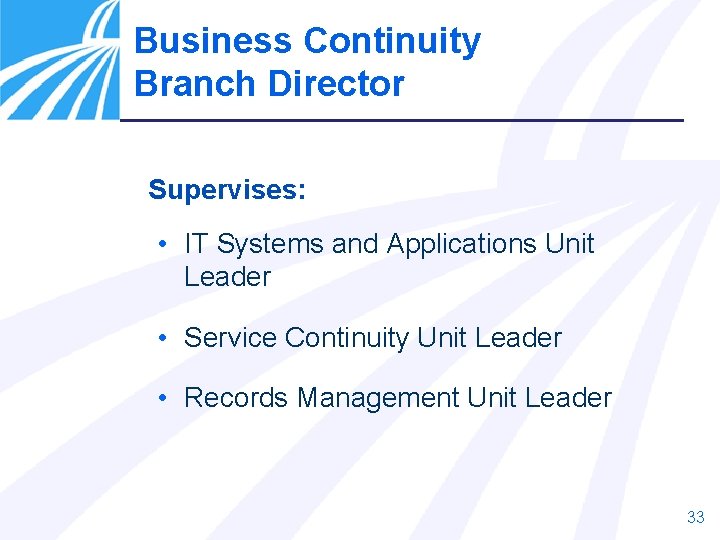 Business Continuity Branch Director Supervises: • IT Systems and Applications Unit Leader • Service