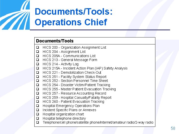 Documents/Tools: Operations Chief Documents/Tools HICS 203 - Organization Assignment List HICS 204 - Assignment