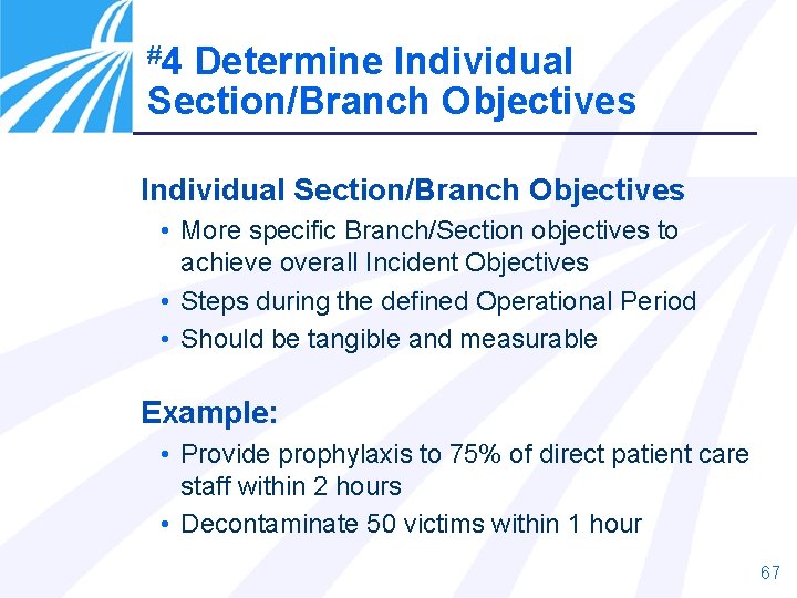 #4 Determine Individual Section/Branch Objectives • More specific Branch/Section objectives to achieve overall Incident #4 Determine Individual Section/Branch Objectives • More specific Branch/Section objectives to achieve overall Incident