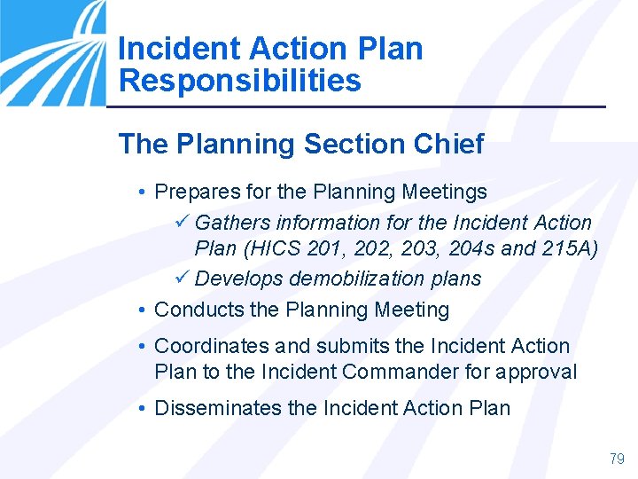 Incident Action Plan Responsibilities The Planning Section Chief • Prepares for the Planning Meetings Incident Action Plan Responsibilities The Planning Section Chief • Prepares for the Planning Meetings