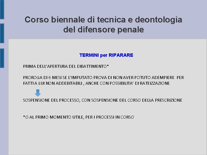 Corso biennale di tecnica e deontologia del difensore penale TERMINI per RIPARARE PRIMA DELL’APERTURA