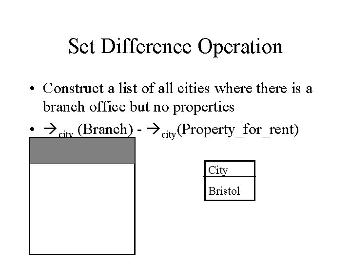 Set Difference Operation • Construct a list of all cities where there is a
