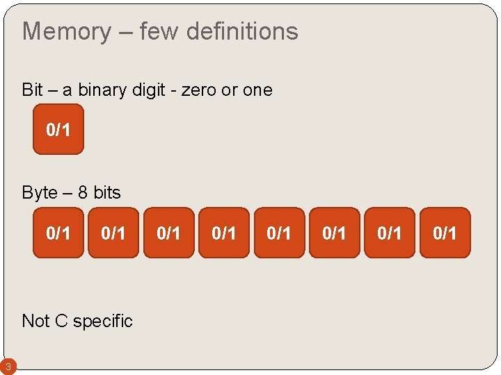 Memory – few definitions Bit – a binary digit - zero or one 0/1 Memory – few definitions Bit – a binary digit - zero or one 0/1