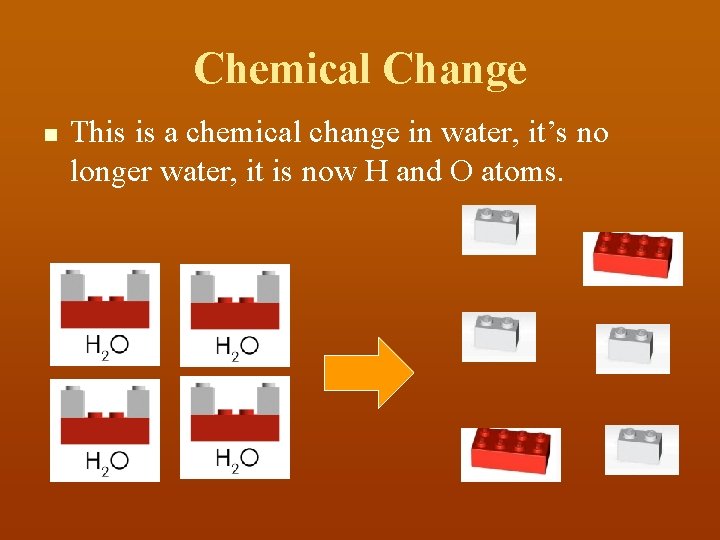 Chemical Change n This is a chemical change in water, it’s no longer water,