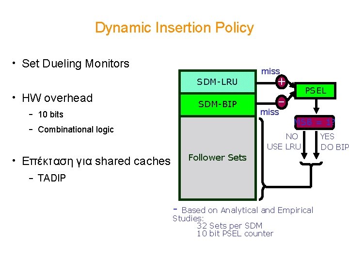 Dynamic Insertion Policy • Set Dueling Monitors SDM-LRU • HW overhead SDM-BIP – 10