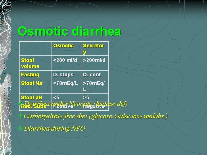 Osmotic diarrhea Osmotic Secretor y Stool volume <200 ml/d >200 ml/d Fasting D. stops