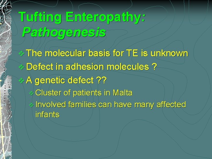 Tufting Enteropathy: Pathogenesis v The molecular basis for TE is unknown v Defect in