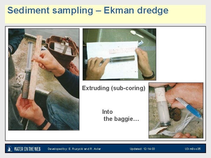 Sediment sampling – Ekman dredge Sample collection photos Extruding (sub-coring) Into the baggie… Developed