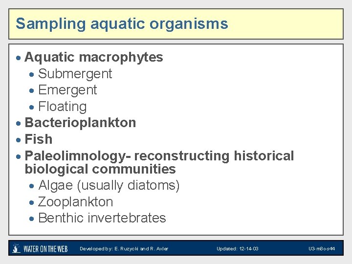 Sampling aquatic organisms · Aquatic macrophytes · Submergent · Emergent · Floating · Bacterioplankton