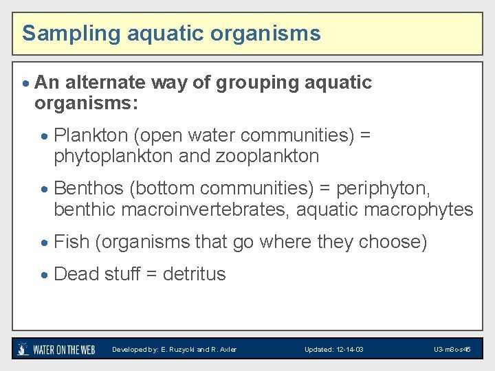 Sampling aquatic organisms · An alternate way of grouping aquatic organisms: · Plankton (open