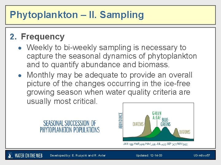 Phytoplankton – II. Sampling 2. Frequency · Weekly to bi-weekly sampling is necessary to