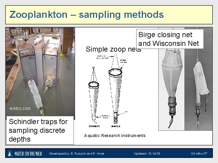 Zooplankton – sampling methods Birge closing net and Wisconsin Net Simple zoop nets Zooplankton
