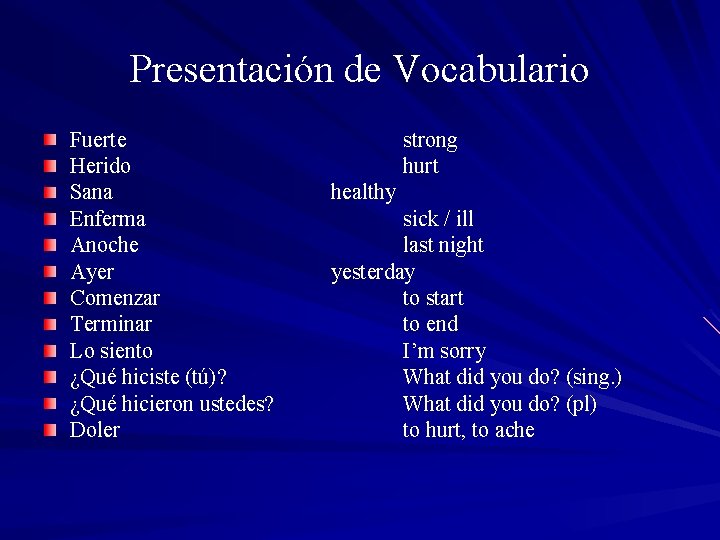 Presentación de Vocabulario Fuerte Herido Sana Enferma Anoche Ayer Comenzar Terminar Lo siento ¿Qué