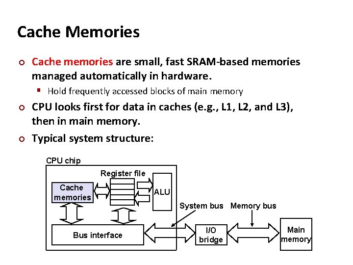 Cache Memories ¢ Cache memories are small, fast SRAM-based memories managed automatically in hardware.