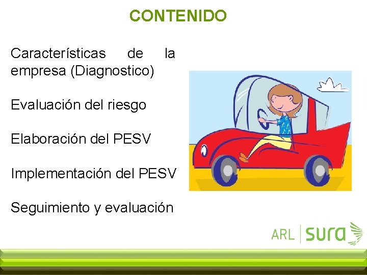 CONTENIDO Características de la empresa (Diagnostico) Evaluación del riesgo Elaboración del PESV Implementación del