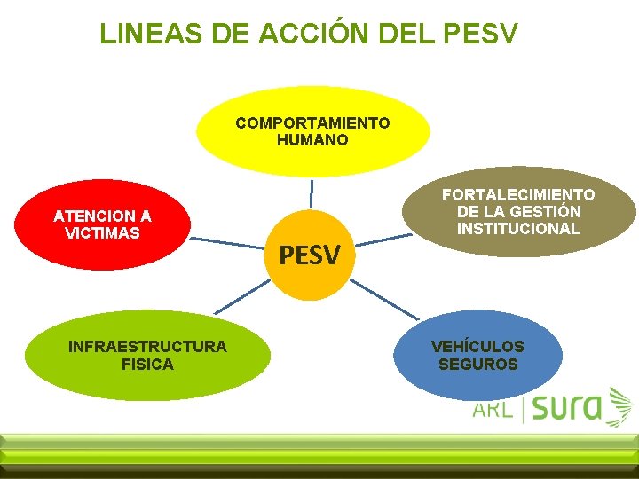 LINEAS DE ACCIÓN DEL PESV COMPORTAMIENTO HUMANO ATENCION A VICTIMAS INFRAESTRUCTURA FISICA PESV FORTALECIMIENTO