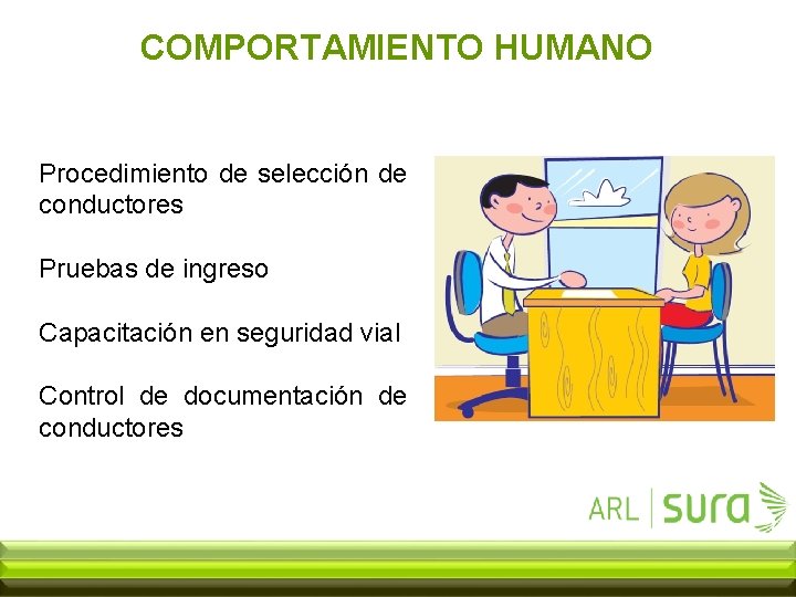 COMPORTAMIENTO HUMANO Procedimiento de selección de conductores Pruebas de ingreso Capacitación en seguridad vial