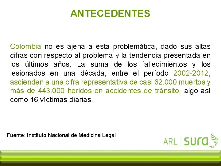 ANTECEDENTES Colombia no es ajena a esta problemática, dado sus altas cifras con respecto