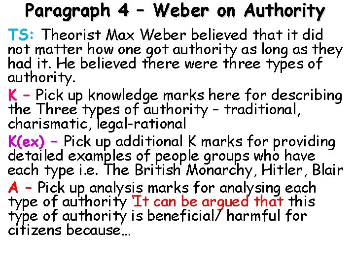 Paragraph 4 – Weber on Authority TS: Theorist Max Weber believed that it did