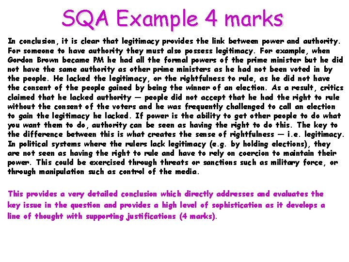 SQA Example 4 marks In conclusion, it is clear that legitimacy provides the link