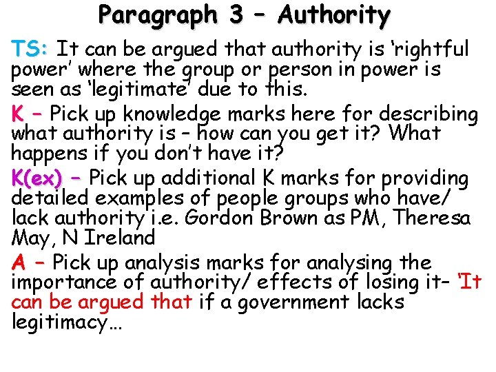 Paragraph 3 – Authority TS: It can be argued that authority is ‘rightful power’