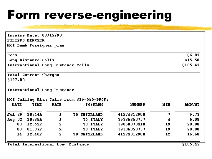 Form reverse-engineering Invoice Date: 08/15/98 FILIPPO MENCZER MCI Dumb Foreigner plan _______________________________________ Fees $6.