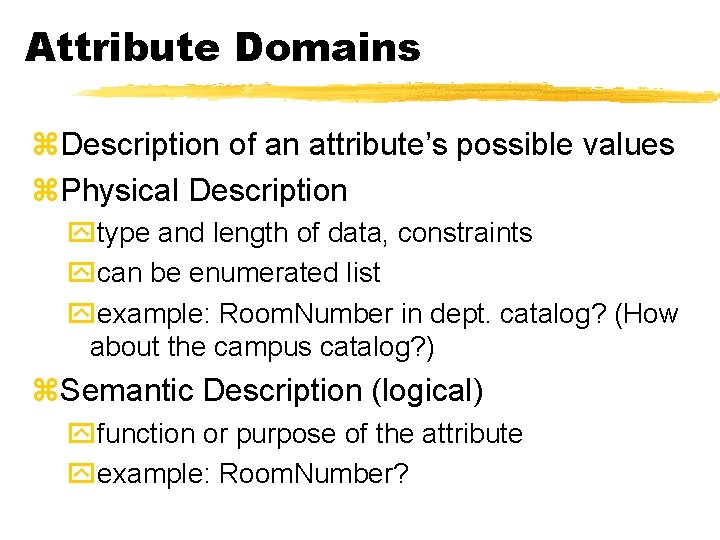 Attribute Domains z. Description of an attribute’s possible values z. Physical Description ytype and