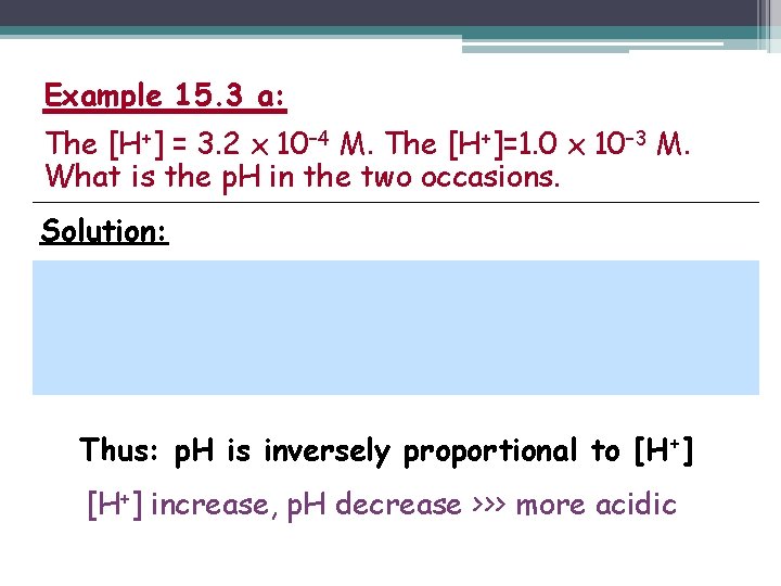 Example 15. 3 a: The [H+] = 3. 2 x 10– 4 M. The