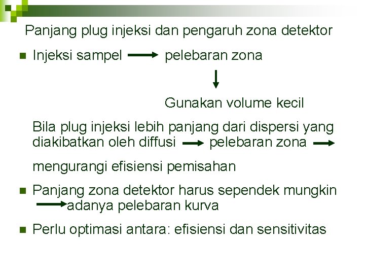 Panjang plug injeksi dan pengaruh zona detektor n Injeksi sampel pelebaran zona Gunakan volume