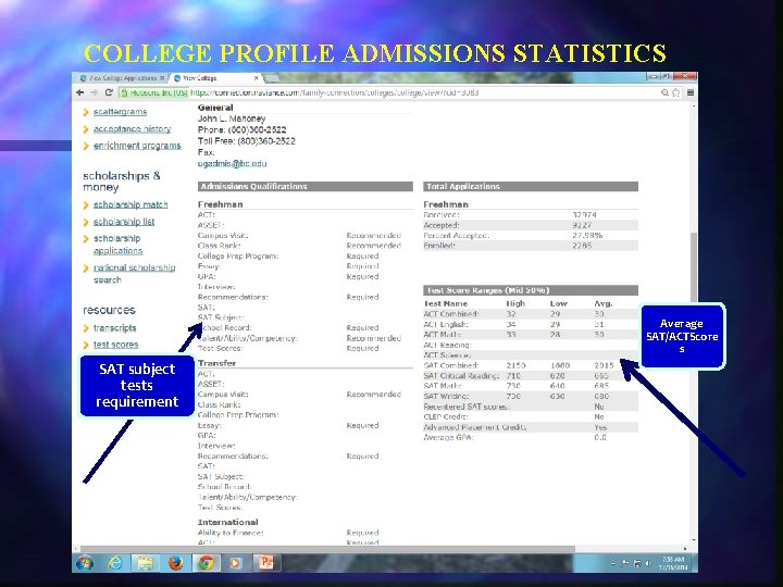 COLLEGE PROFILE ADMISSIONS STATISTICS Average SAT/ACTScore s SAT subject tests requirement 