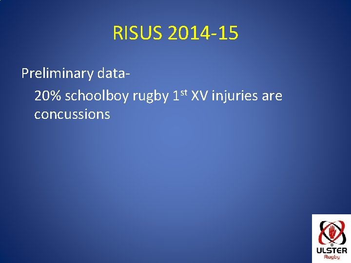 RISUS 2014 -15 Preliminary data 20% schoolboy rugby 1 st XV injuries are concussions