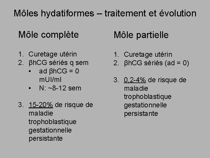 Môles hydatiformes – traitement et évolution Môle complète Môle partielle 1. Curetage utérin 2.