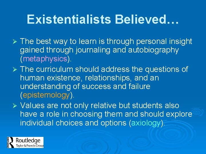 Existentialists Believed… The best way to learn is through personal insight gained through journaling