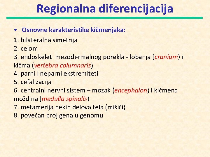 Regionalna diferencija • Osnovne karakteristike kičmenjaka: 1. bilateralna simetrija 2. celom 3. endoskelet mezodermalnog