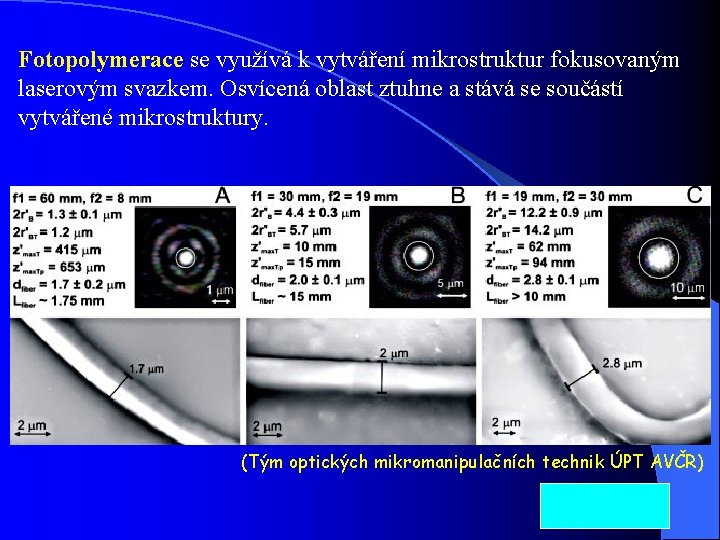 Fotopolymerace se využívá k vytváření mikrostruktur fokusovaným laserovým svazkem. Osvícená oblast ztuhne a stává