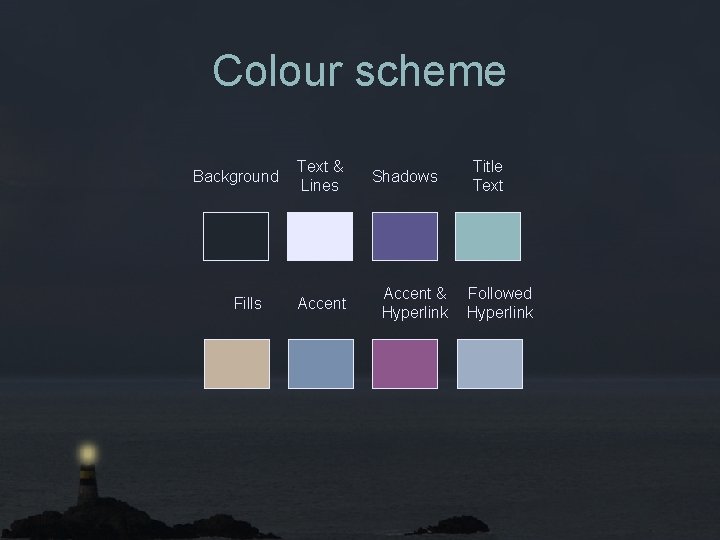Colour scheme Background Fills Text & Lines Accent Shadows Accent & Hyperlink Title Text